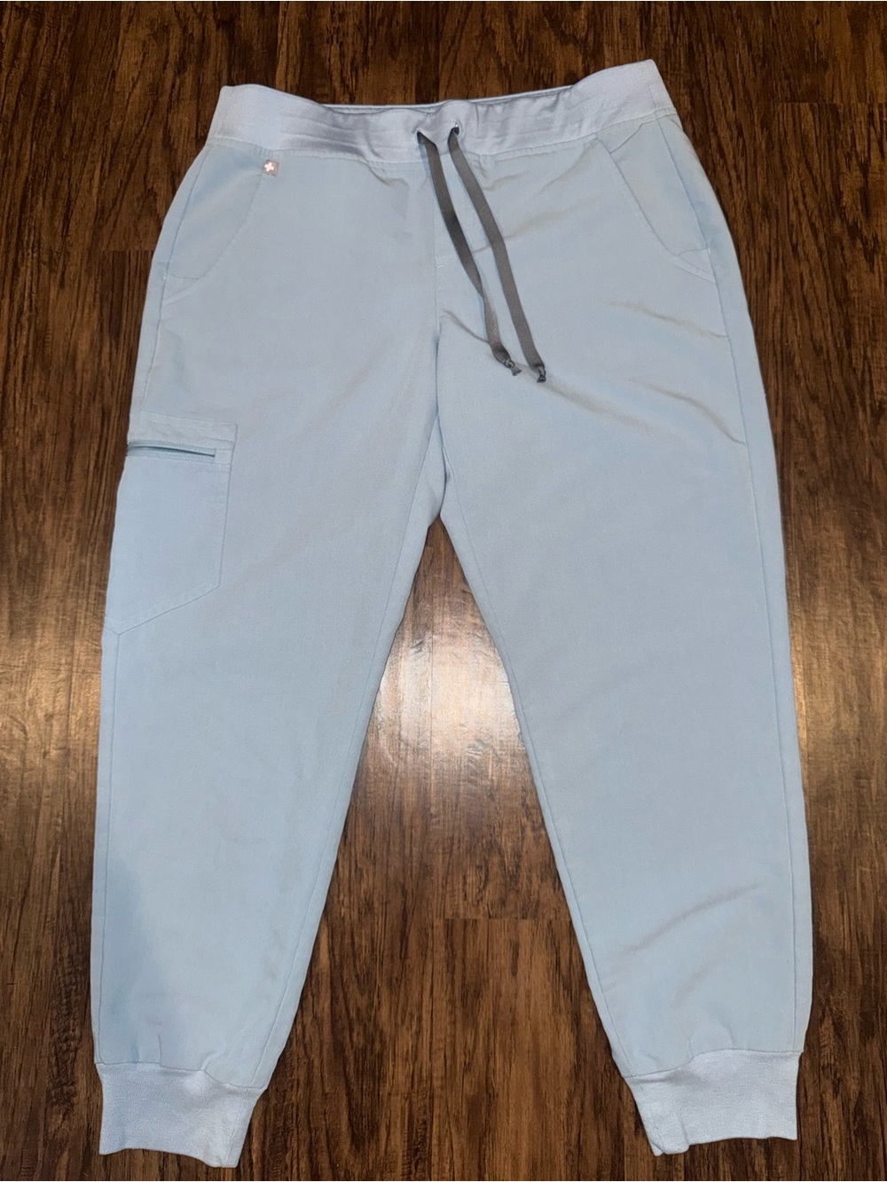 FIGS Pale Blue Cargo Jogger Scrubs with Gray Drawstring